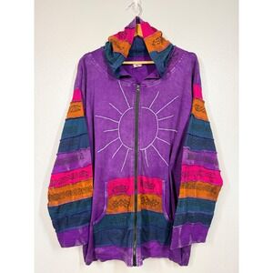 Greater Good Network Hoodie Women 4X Purple Sun Patchwork Boho Zip Up Embroidery